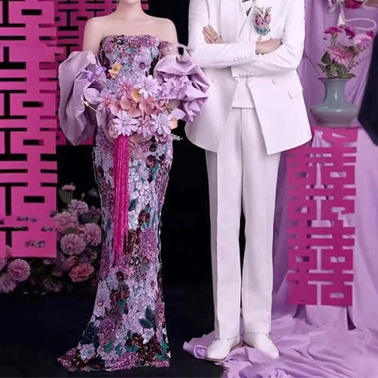 Gown Strapless Evening Mermaid Sequin Floral