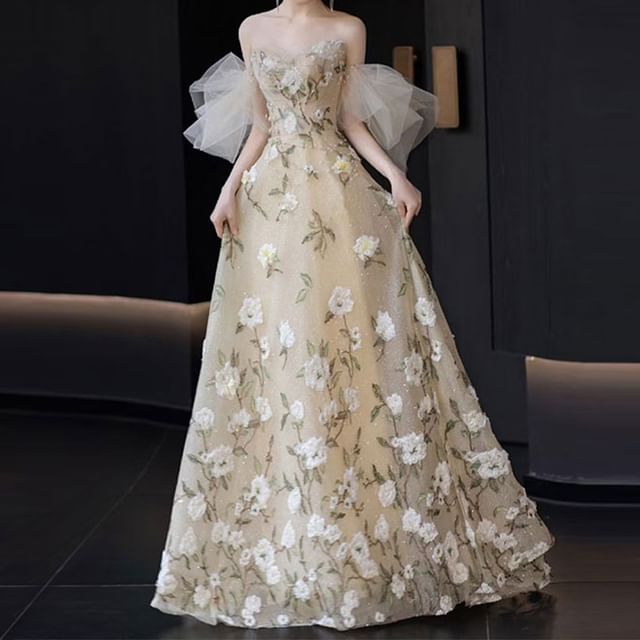 A-Line Strapless Embroidered Evening Gown Floral