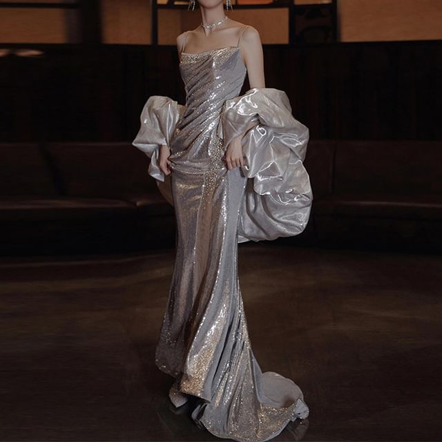 Spaghetti Strap Gown Mermaid Evening Sequin