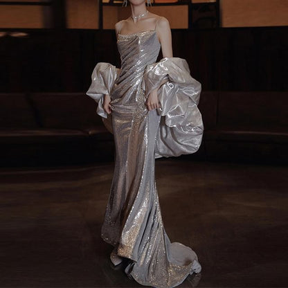 Spaghetti Strap Sequin Mermaid Evening Gown