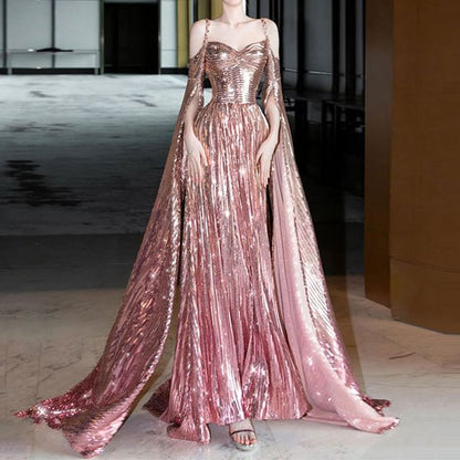 A-Line Gown Cape-Sleeve Sequin Cold-Shoulder Evening