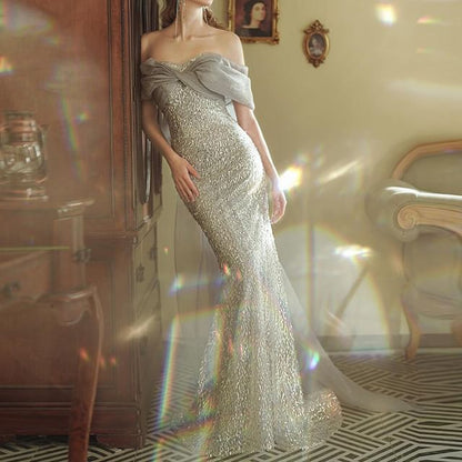 Off-Shoulder Sequin Mermaid Evening Gown