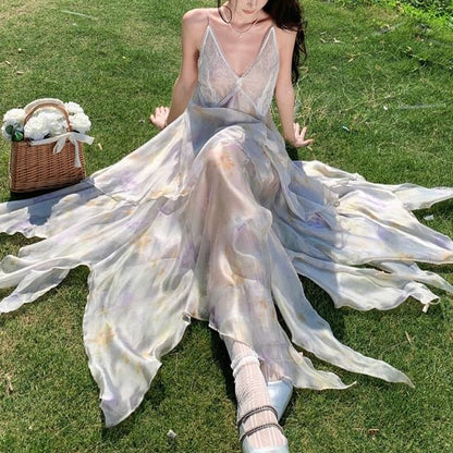 Spaghetti Strap Floral Asymmetrical Lace Panel Midi A-Line Sundress