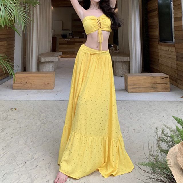 Set: Lace-Up Crop Tube Top + Mid Rise Maxi A-Line Skirt