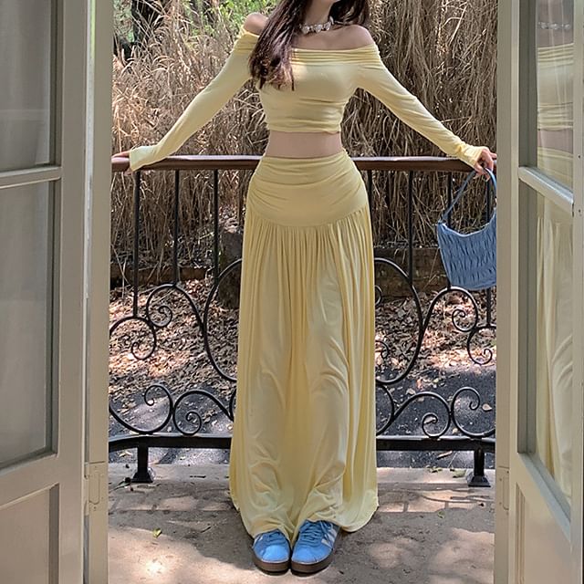 Set: Long-Sleeve Off-Shoulder Plain Crop Slim Fit Tee + High Waist Maxi A-Line Skirt