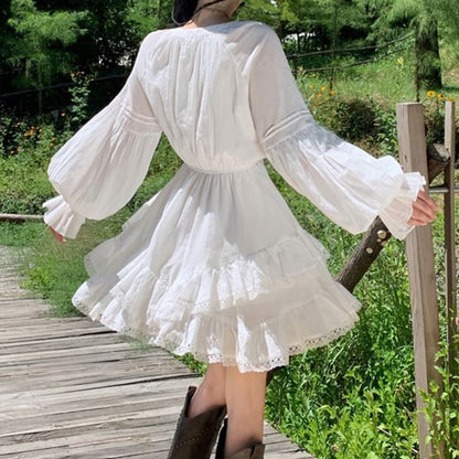 Long-Sleeve Plain Lace Trim Tiered Mini A-Line Dress