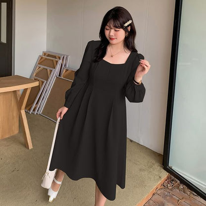 Plus Size Long-Sleeve Square Neck Plain Waffle Midi A-Line Dress