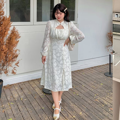 Plus Size Long-Sleeve Stand Collar Cutout Frog Buttoned Slit Lace Midi A-Line Dress