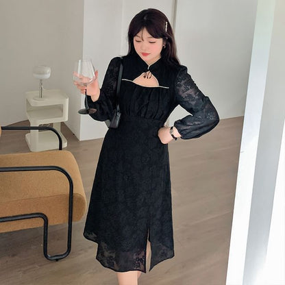 Plus Size Long-Sleeve Stand Collar Cutout Frog Buttoned Slit Lace Midi A-Line Dress