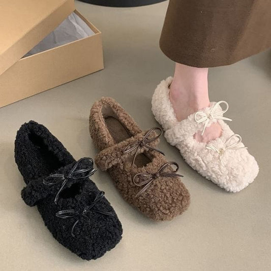 Square Toe Bow Fleece Hidden Wedge Mary Jane Shoes