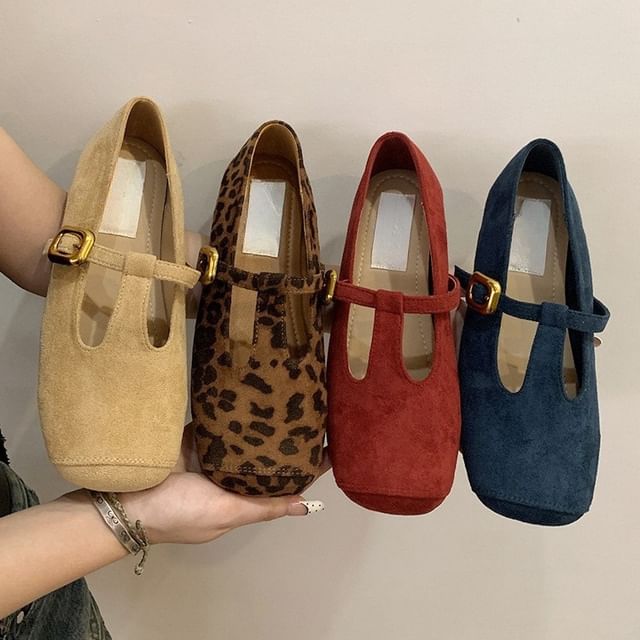 Square Toe T-Strap Faux Suede Flats
