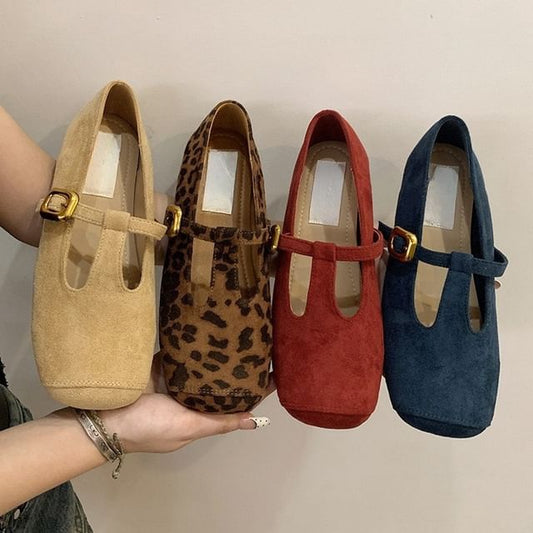 Square Toe T-Strap Faux Suede Flats