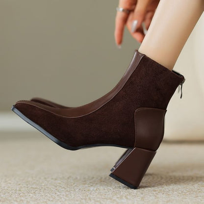 Square Toe Panel Faux Suede Block Heel Short Boots