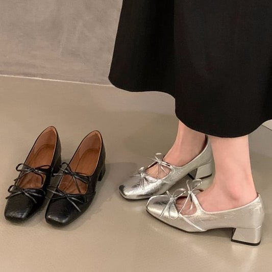 Square Toe Bow Block Heel Mary Jane Pumps