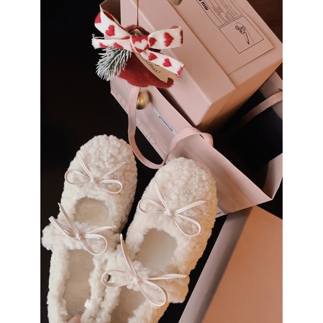 Bow Fleece Hidden Wedge Mary Jane Shoes