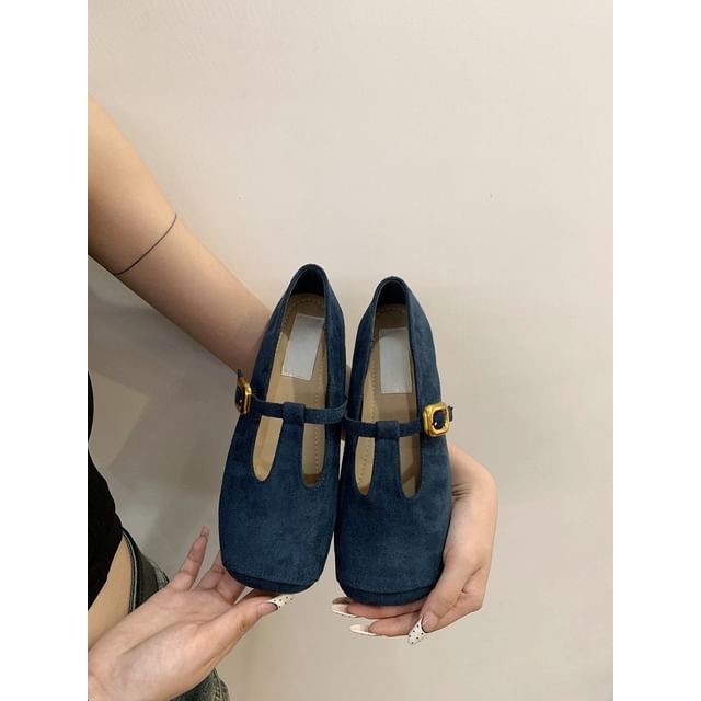Square Toe T-Strap Faux Suede Flats