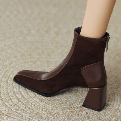 Square Toe Panel Faux Suede Block Heel Short Boots