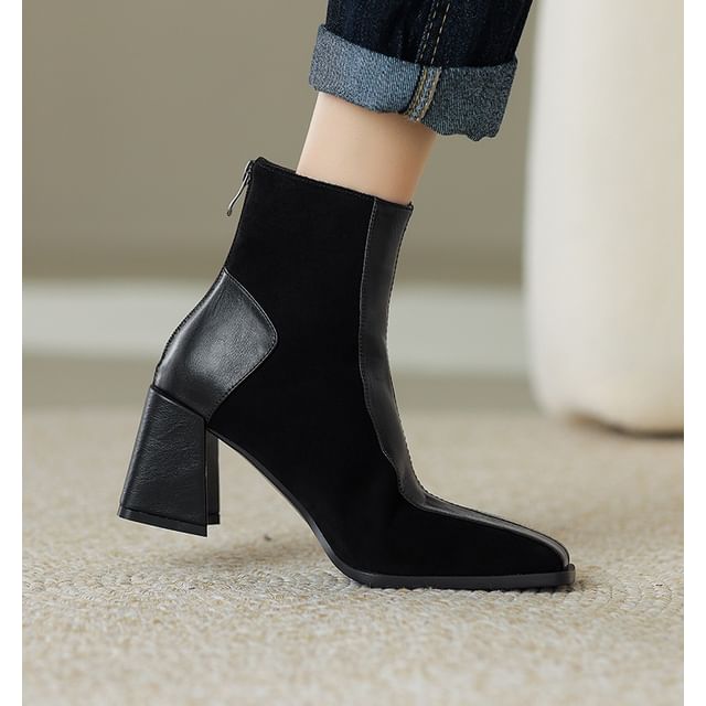 Square Toe Panel Faux Suede Block Heel Short Boots