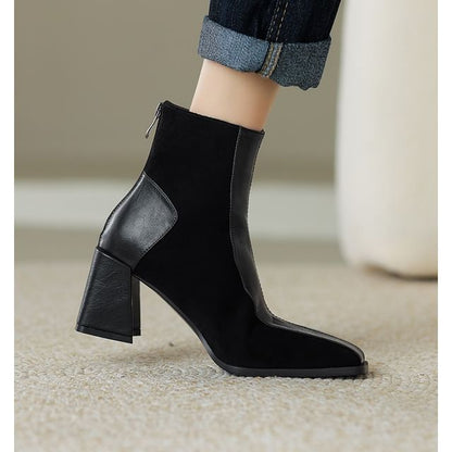 Square Toe Panel Faux Suede Block Heel Short Boots