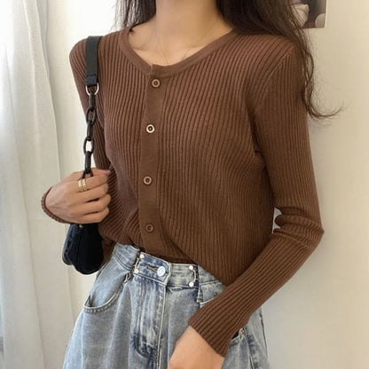 Ribbed Round Neck Button Front Cardigan