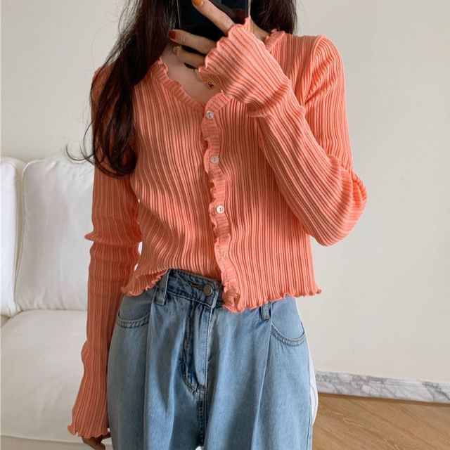 Lettuce Trim V-Neck Ribbed Crop Cardigan