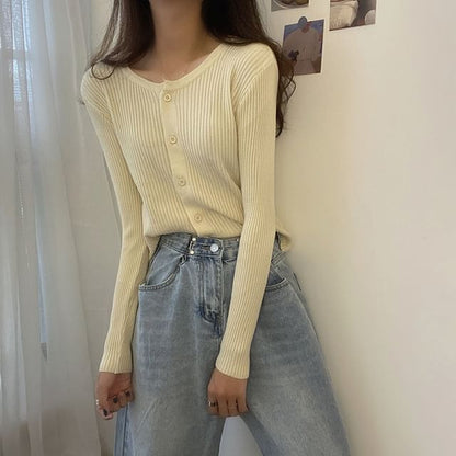 Ribbed Round Neck Button Front Cardigan