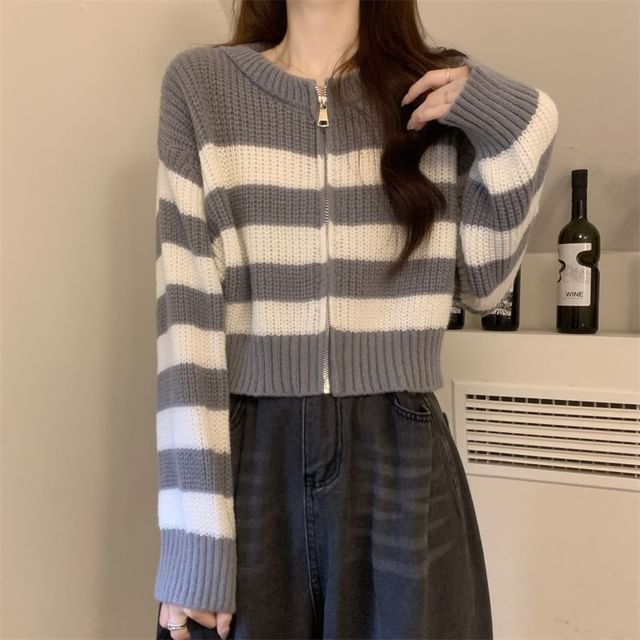 Striped Zip Up Cropped Cardigan
