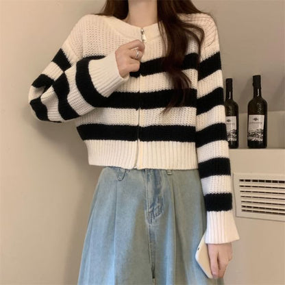 Striped Zip Up Cropped Cardigan