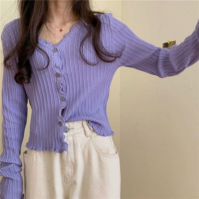 Lettuce Trim V-Neck Ribbed Crop Cardigan