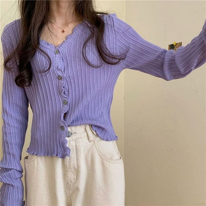 Lettuce Trim V-Neck Ribbed Crop Cardigan