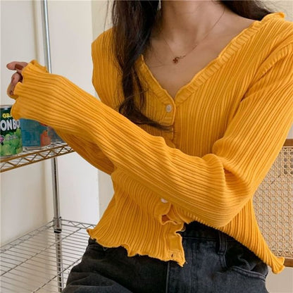Lettuce Trim V-Neck Ribbed Crop Cardigan