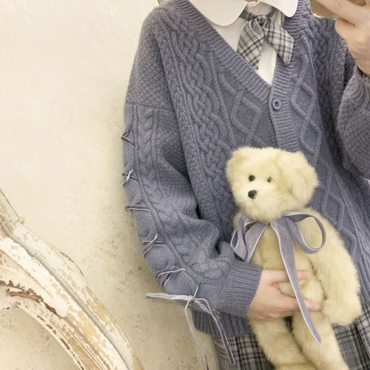Long Sleeve V-Neck Lace Up Cable Knit Cardigan