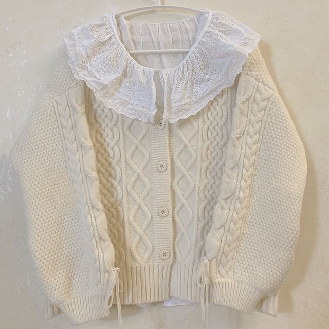 Long Sleeve V-Neck Lace Up Cable Knit Cardigan