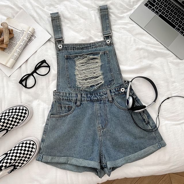 Distressed Denim Jumper Shorts