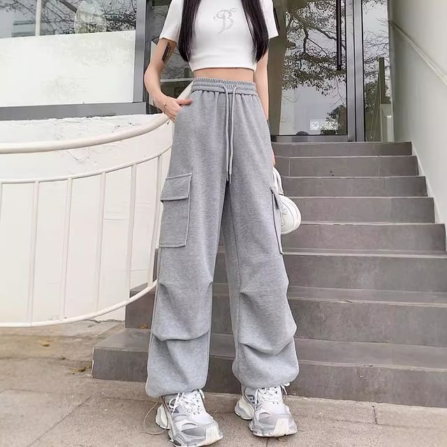 Drawstring Waist Plain Wide Leg Cargo Sweatpants