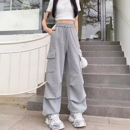 Drawstring Waist Plain Wide Leg Cargo Sweatpants