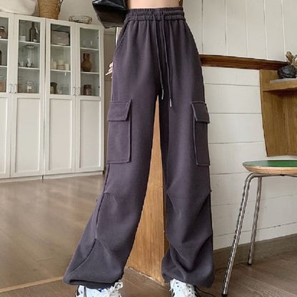 Drawstring Waist Plain Wide Leg Cargo Sweatpants