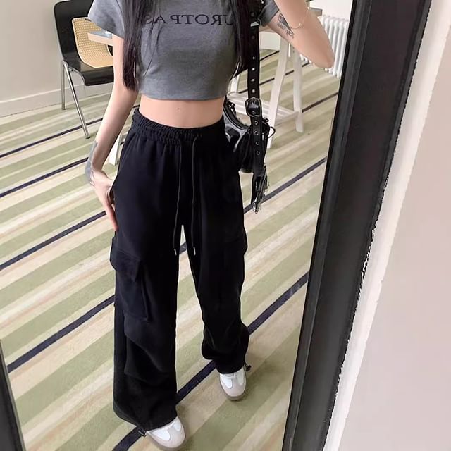 Drawstring Waist Plain Wide Leg Cargo Sweatpants