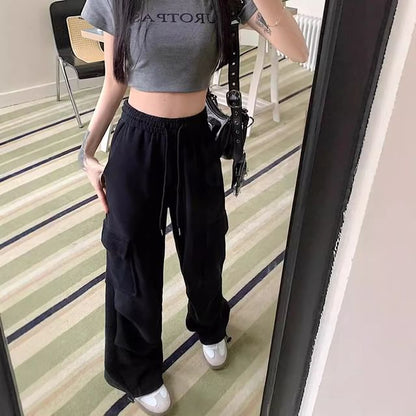Drawstring Waist Plain Wide Leg Cargo Sweatpants