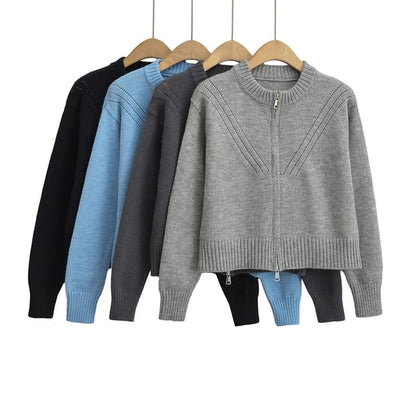 Round Neck Zip Cropped Knit Jacket