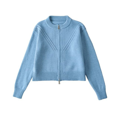 Round Neck Zip Cropped Knit Jacket