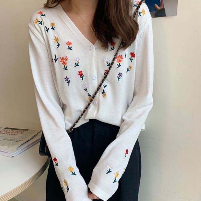 V-Neck Floral Embroidered Button-Up Cardigan