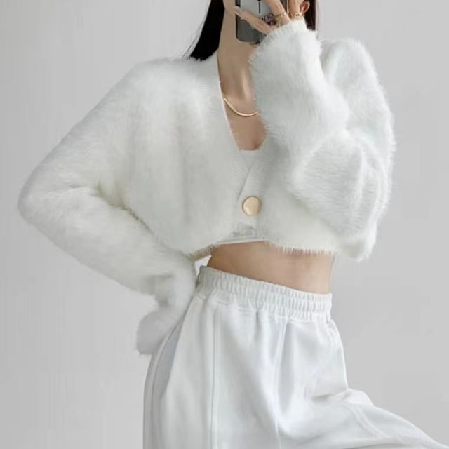 Fluffy V-Neck Single Button Crop Cardigan