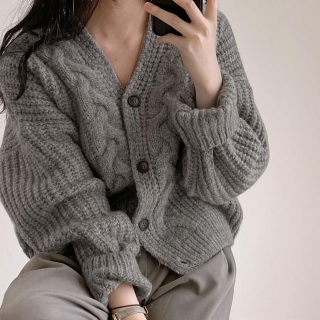 V-Neck Cable Knit Sweater Coat