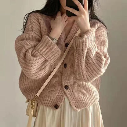 V-Neck Cable Knit Sweater Coat