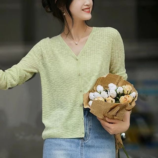 Ribbed V-Neck Knit Cardigan