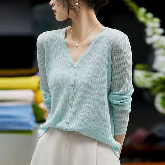 Ribbed V-Neck Knit Cardigan
