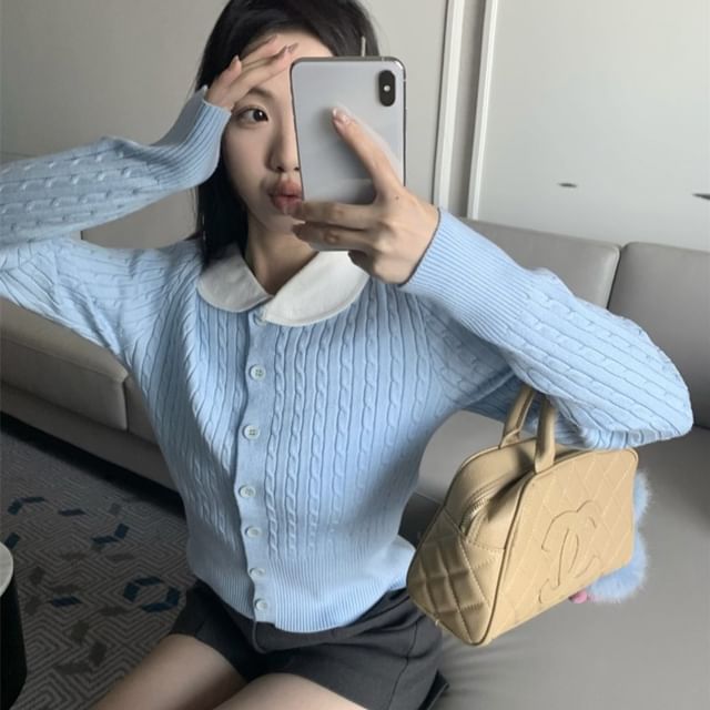 Peter Pan Collar Ribbed Knit Cropped Cardigan