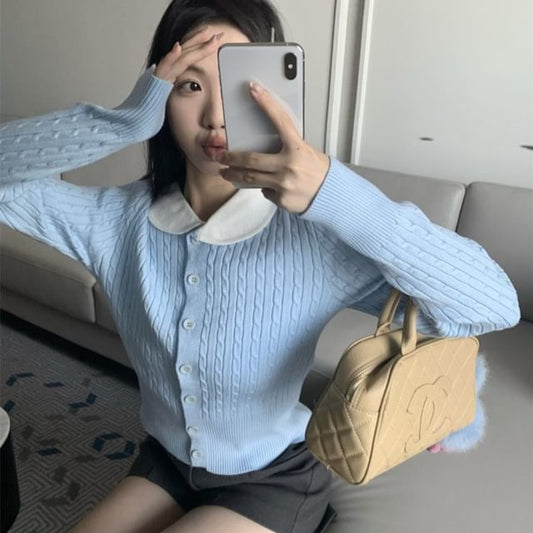 Peter Pan Collar Ribbed Knit Cropped Cardigan