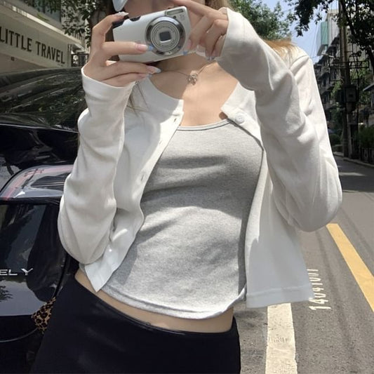 Crew Neck Button Crop Cardigan